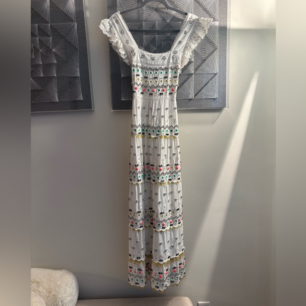 Kate Spade White Eyelet Embellished Maxi Dress with Colorful Floral Accents RARE